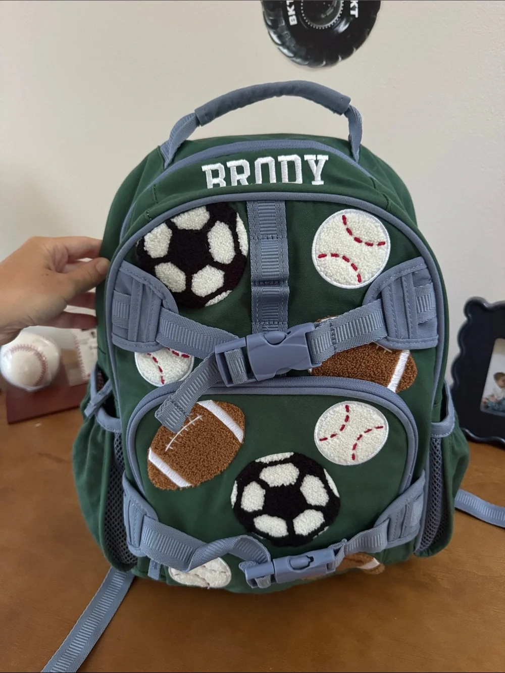 Pottery Barn Kids Green Sports Patch Backpack with Gray Straps: Small